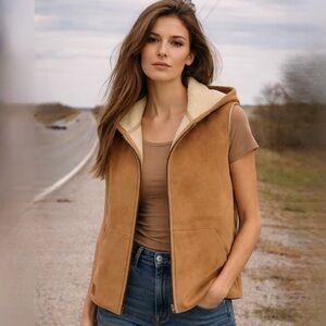 Vintage Ralph Lauren Faux Suede Sherpa Lined Hooded Vest Western Equestrian M/L